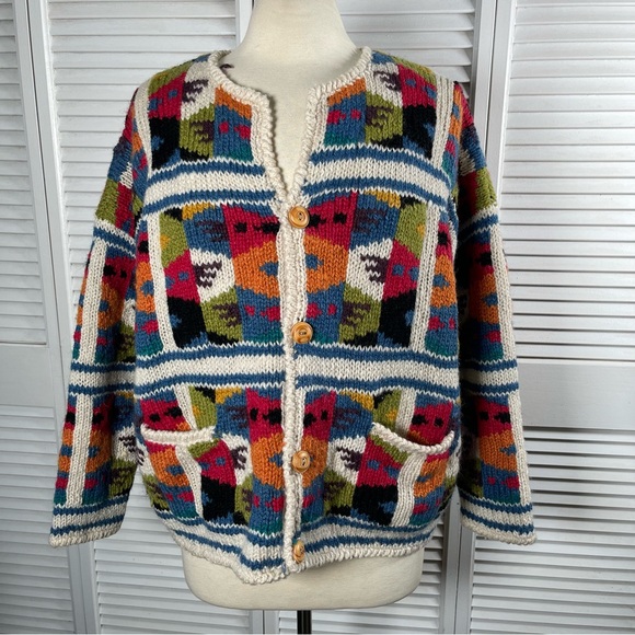 Vintage EXPRESS TRICOT Handknit Wool Cardigan Sweater M/L Colorful